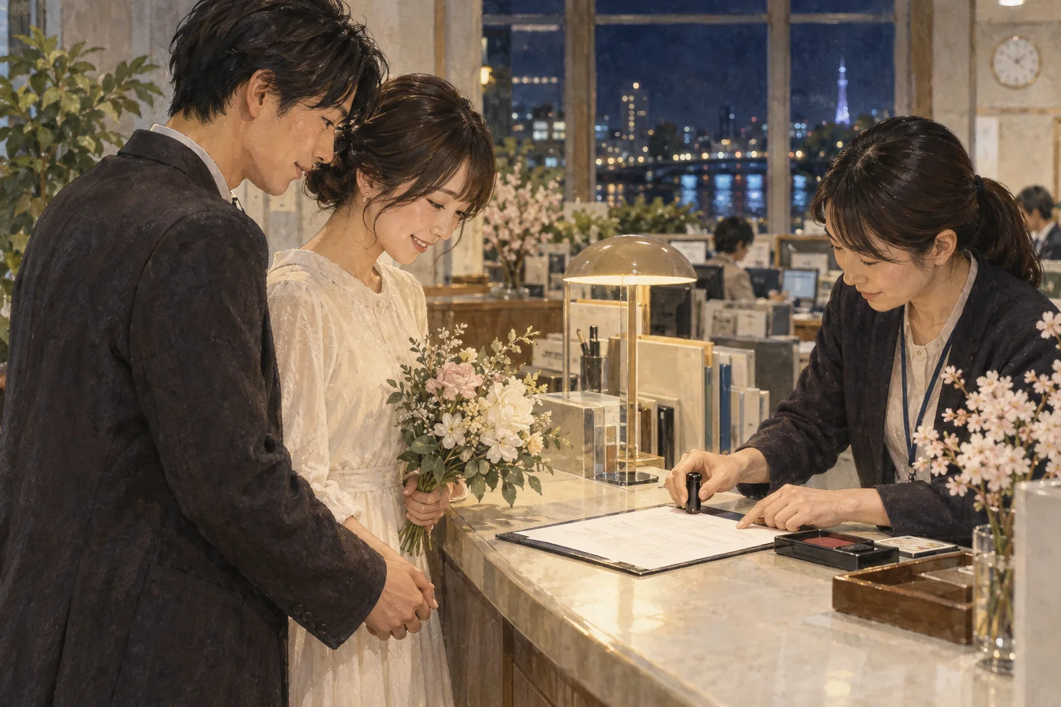 役所の窓口で婚姻届を提出するカップル
