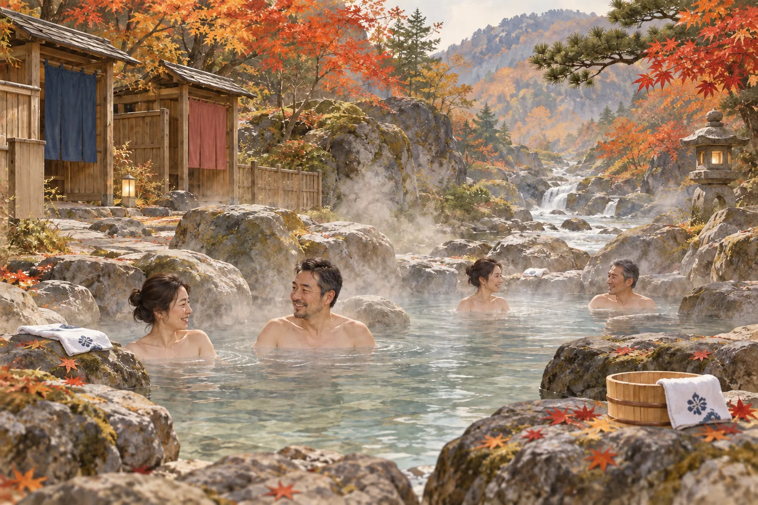 山あいの歴史ある混浴温泉に礼儀正しく入る大人たち