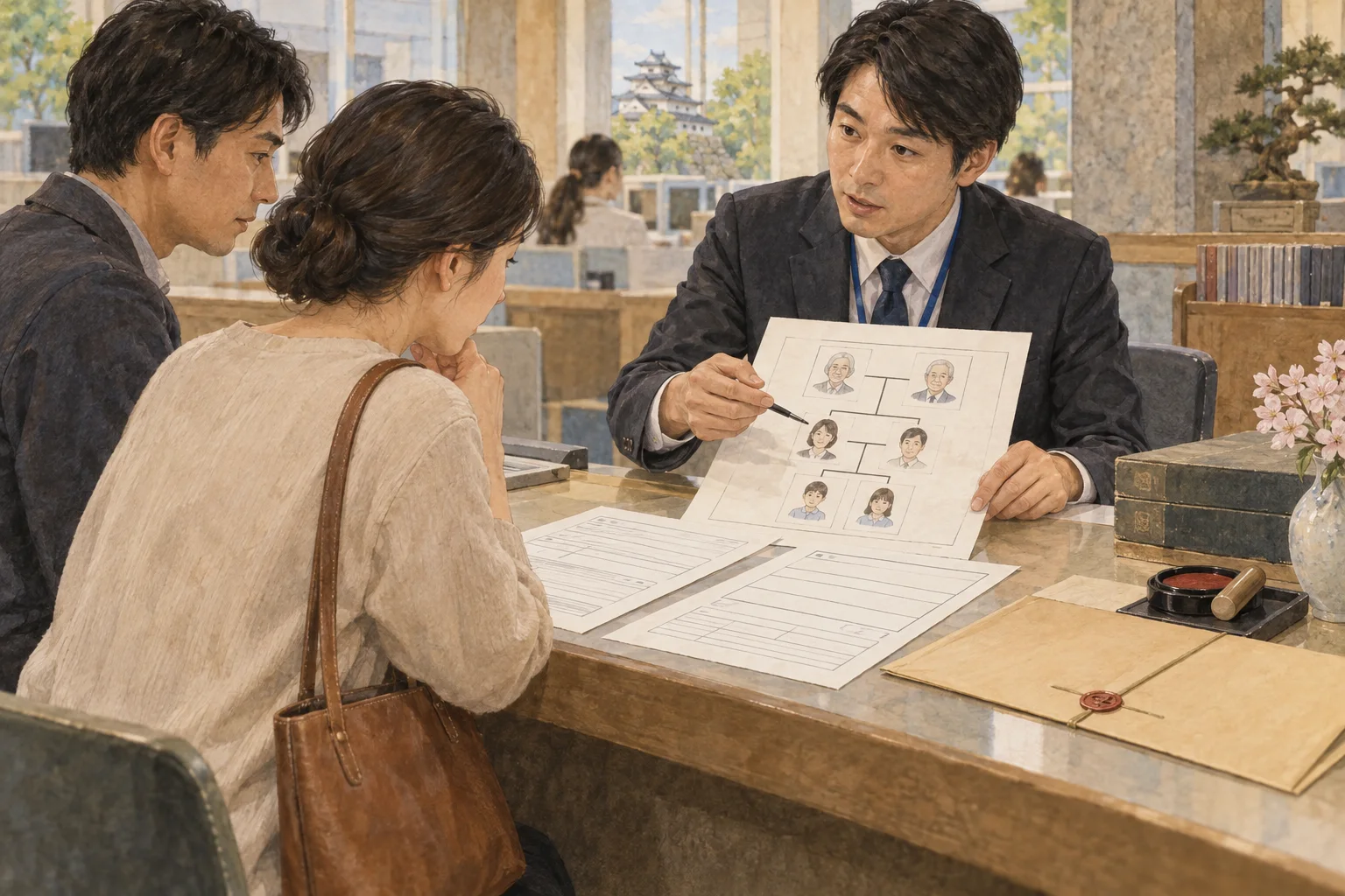 市役所で戸籍の手続きを確認する人