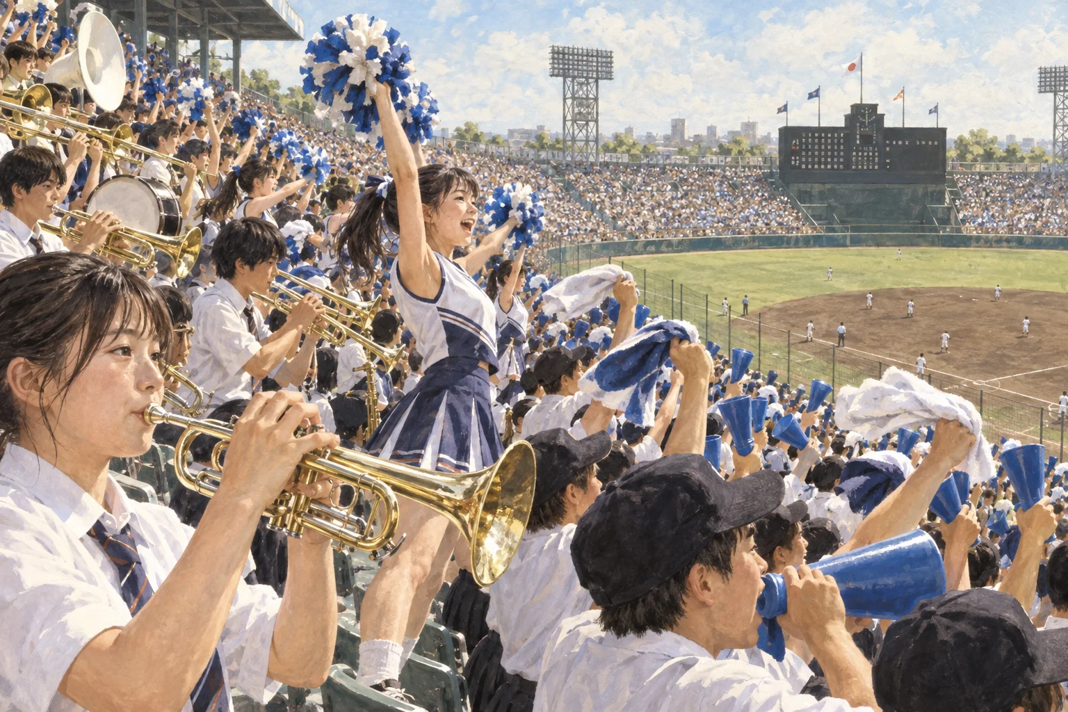 甲子園のスタンドで応援する吹奏楽部と生徒