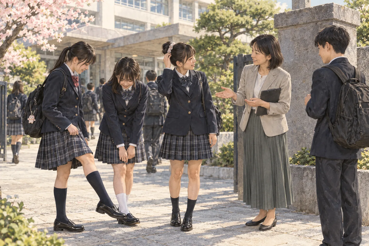 登校時に服装の校則について話し合う生徒と教師