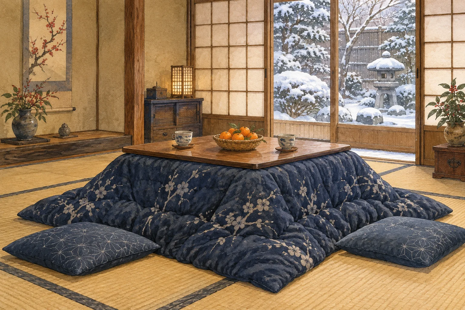 厚い布団を掛け、みかんとお茶を載せたこたつ