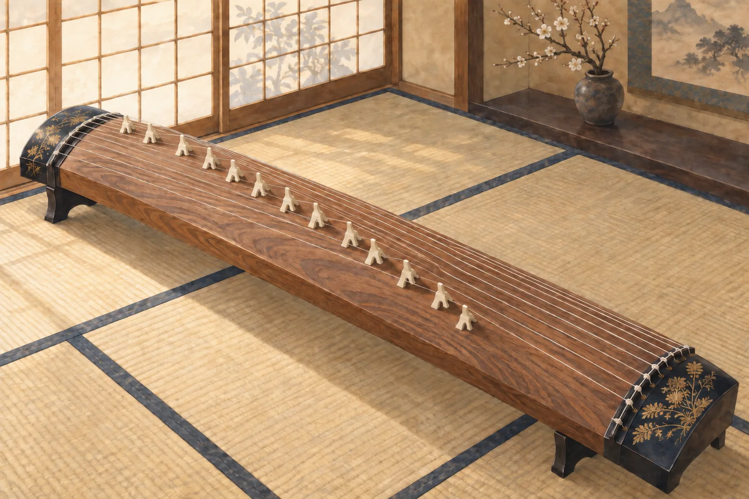 十三本の弦と白い琴柱が並ぶ、木目の美しい箏