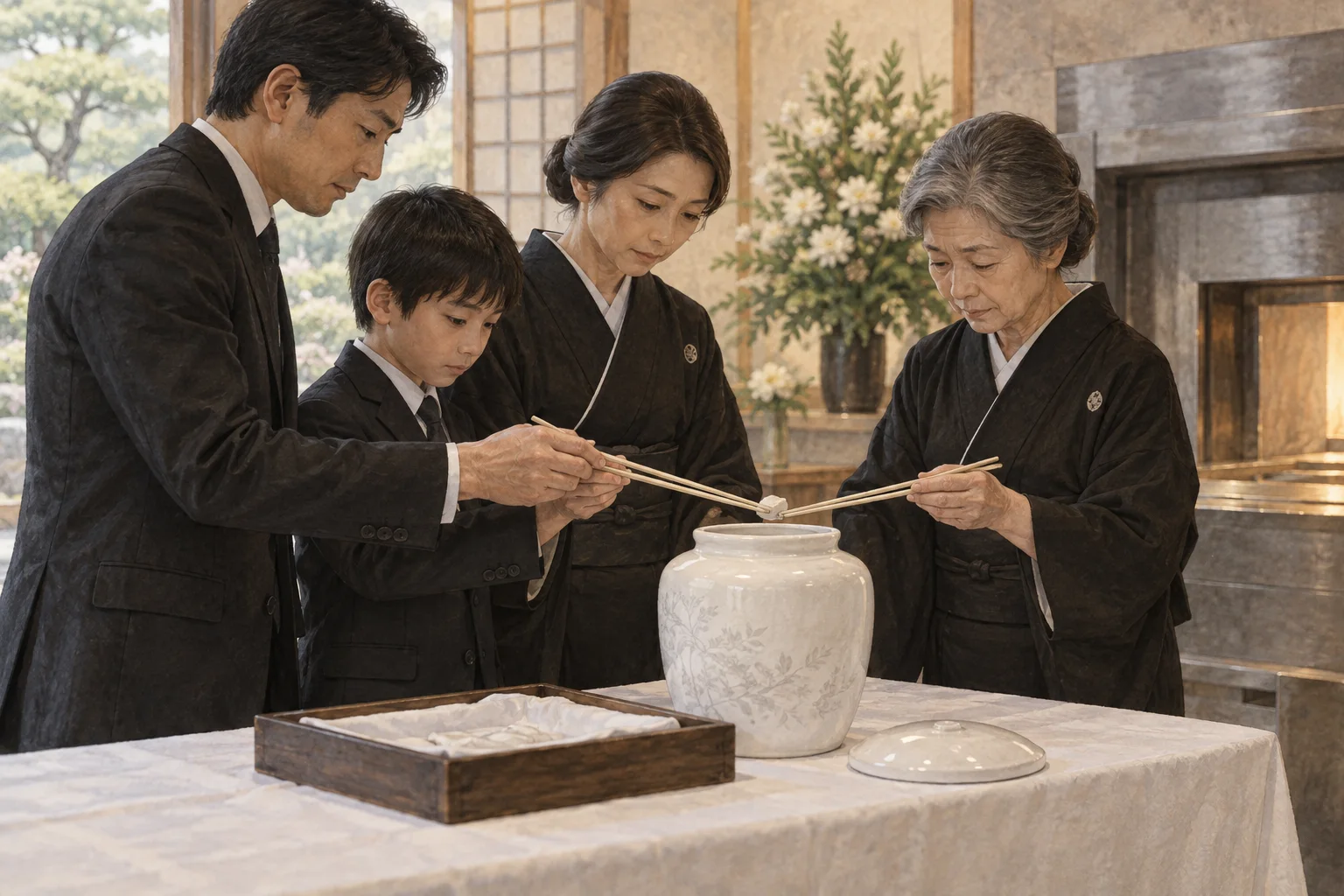 二人で箸を使い遺骨を骨壺へ納める家族