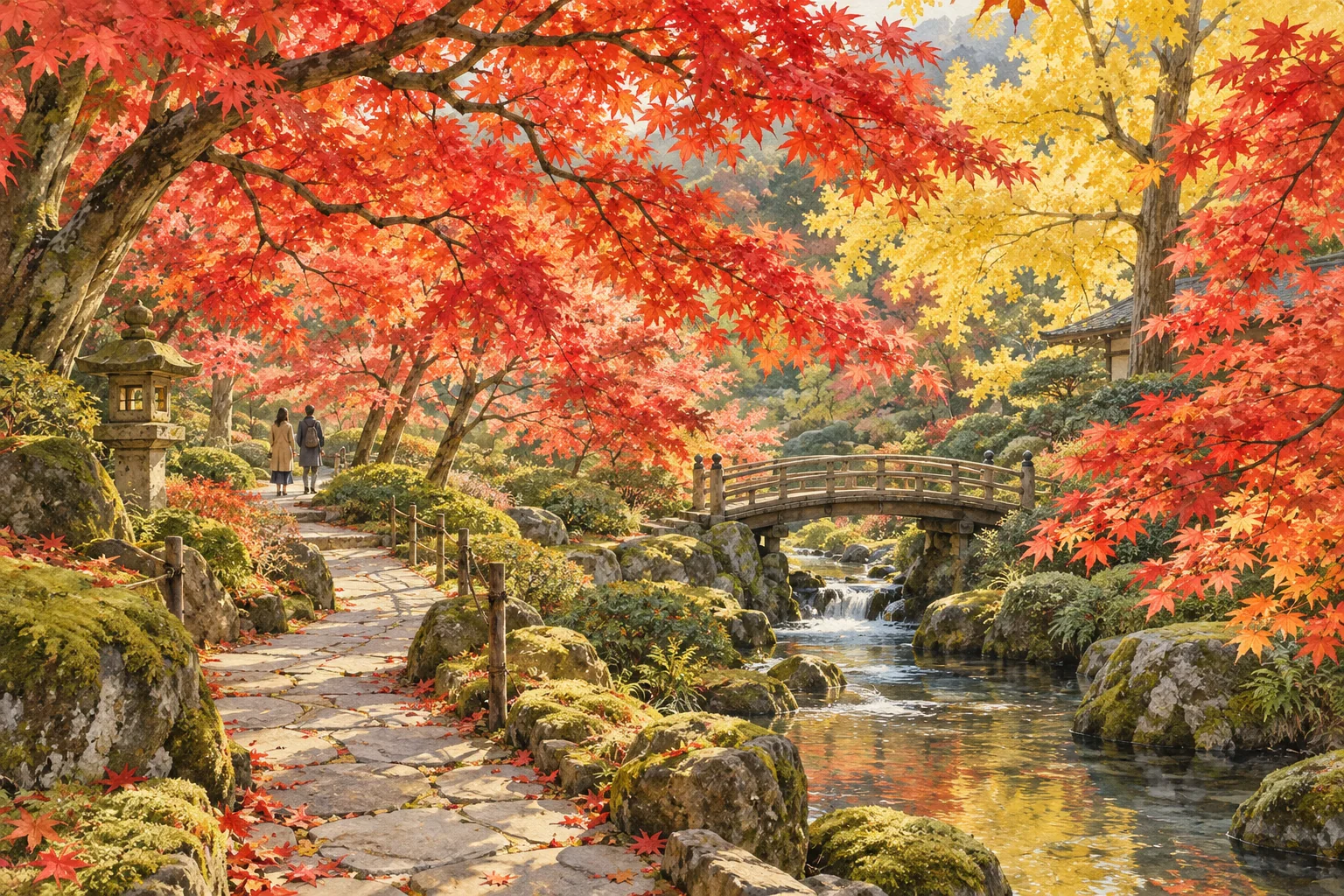 赤や黄色に色づいた木々に囲まれた庭で紅葉を楽しむ風景
