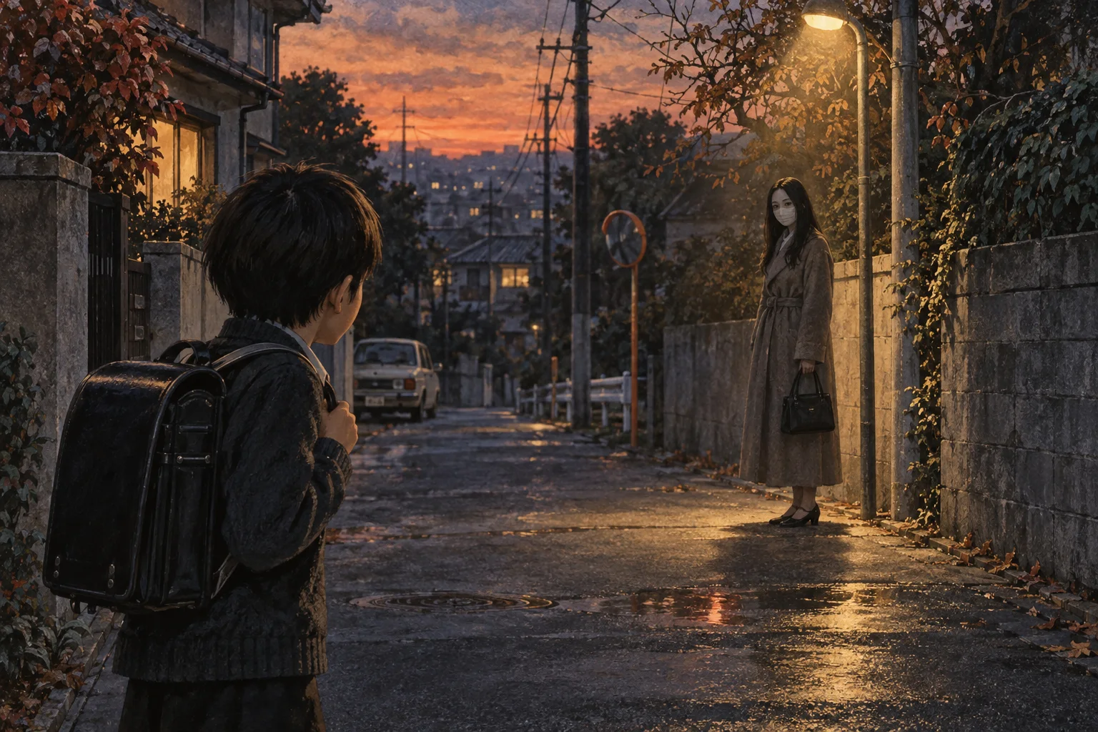 夕暮れの住宅街で口裂け女の噂を思わせる人物に出会う子ども