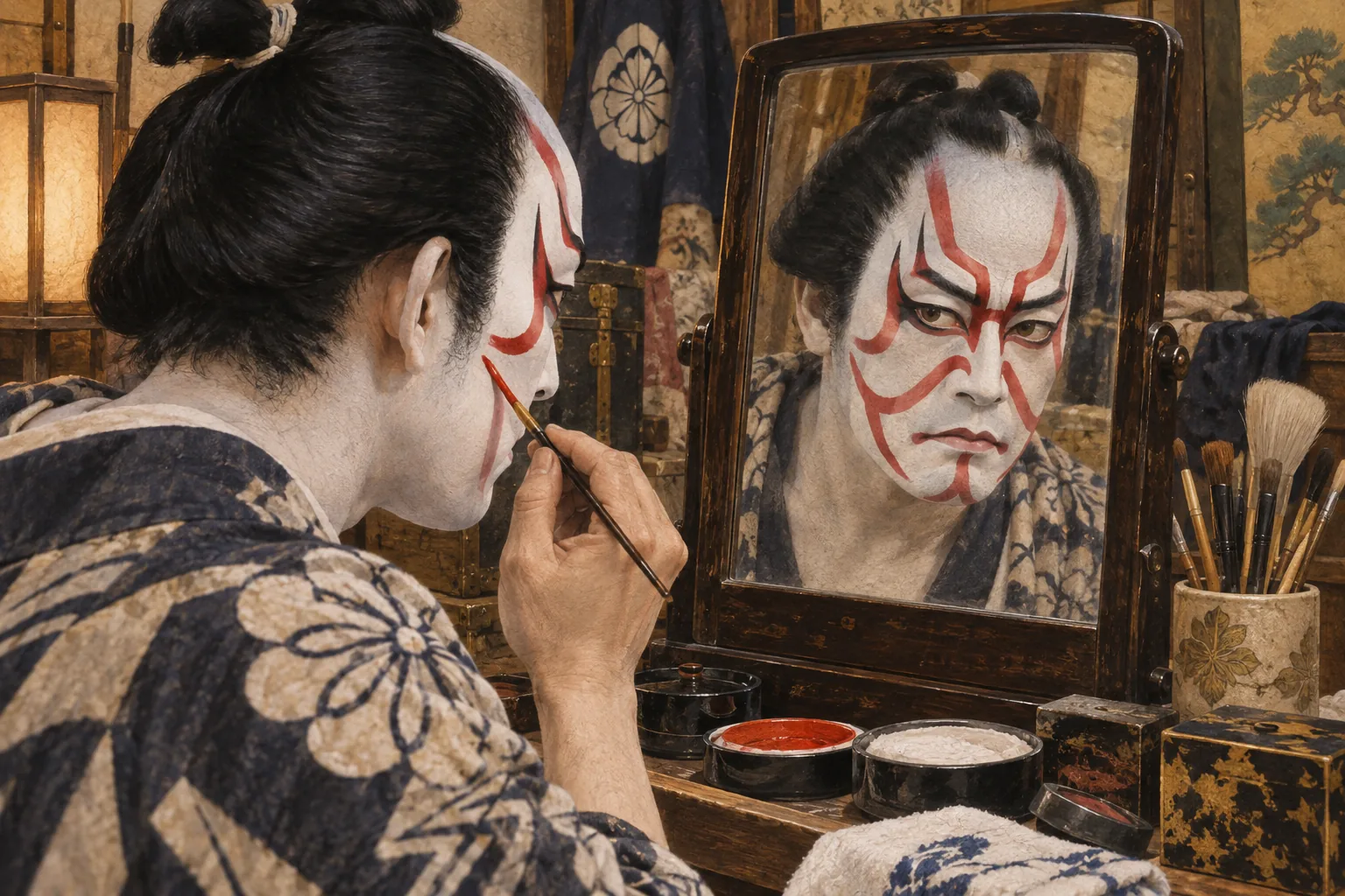 鏡の前で赤い隈取を描く歌舞伎役者