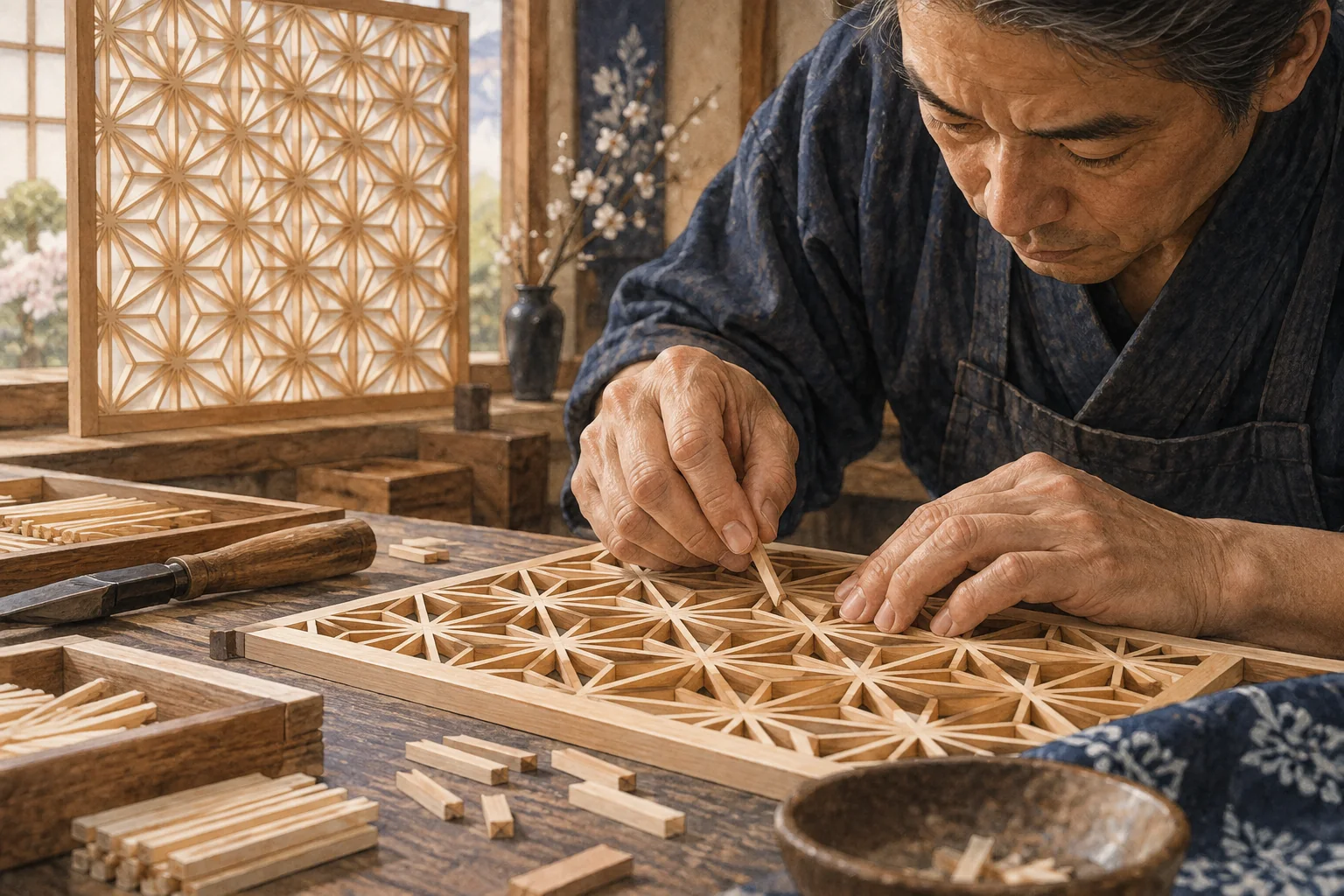 細い木片で麻の葉模様を組む組子細工