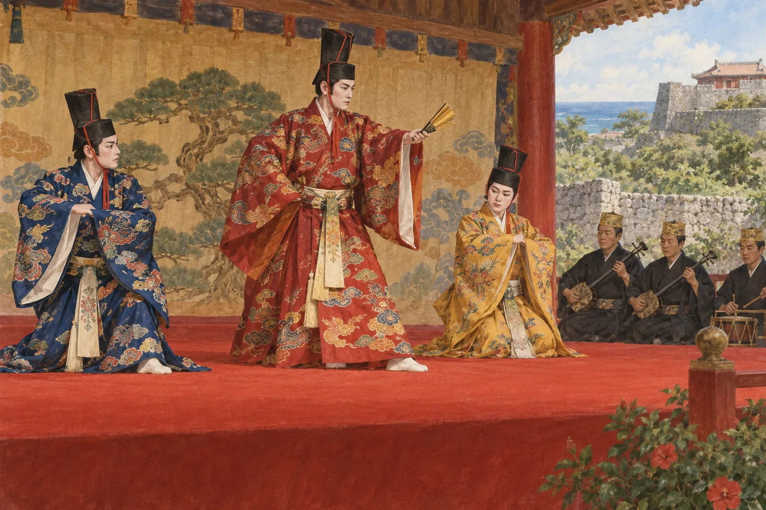 琉球衣装で物語を演じる組踊の舞台