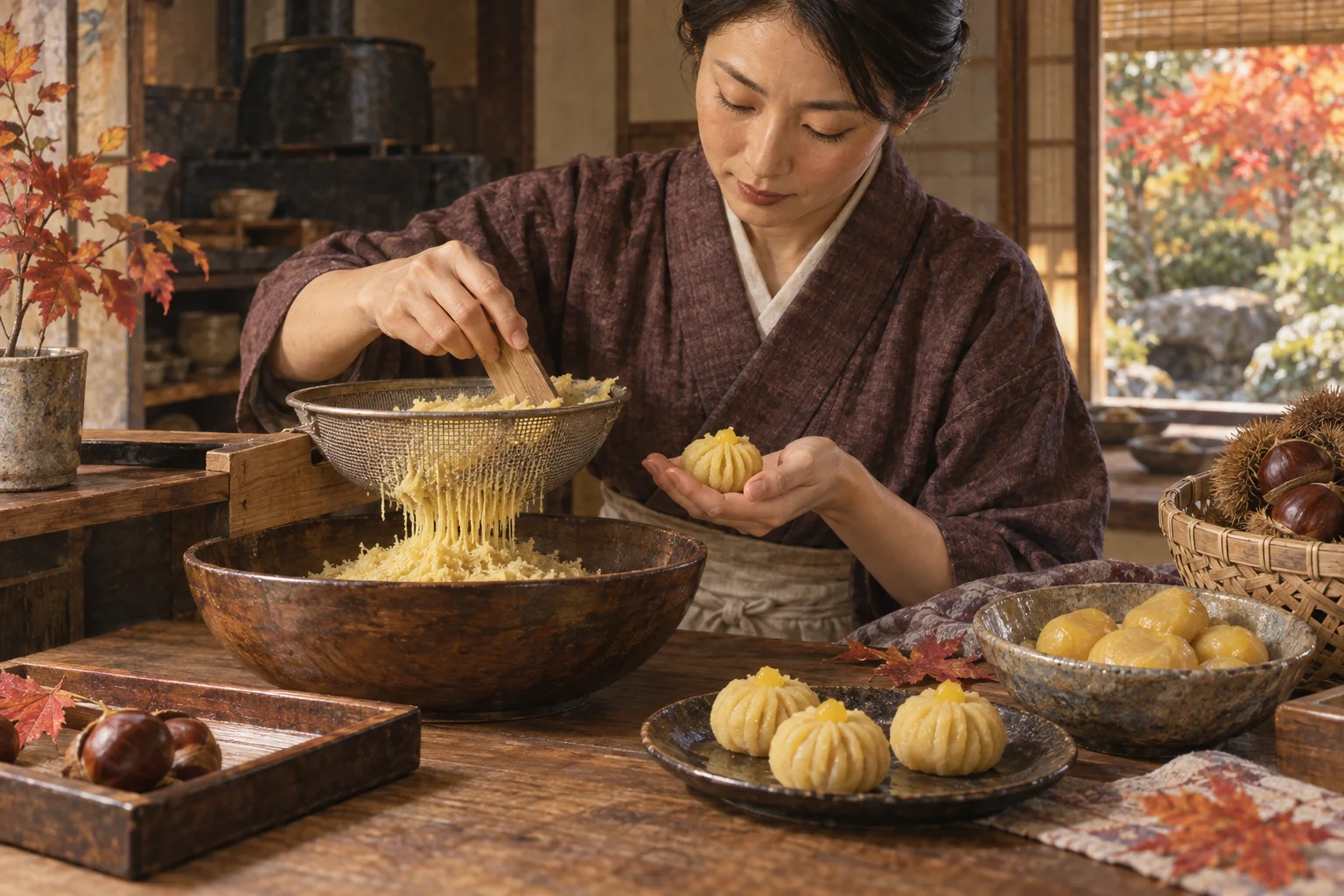 栗を裏ごしして黄金色の栗きんとんを作る職人