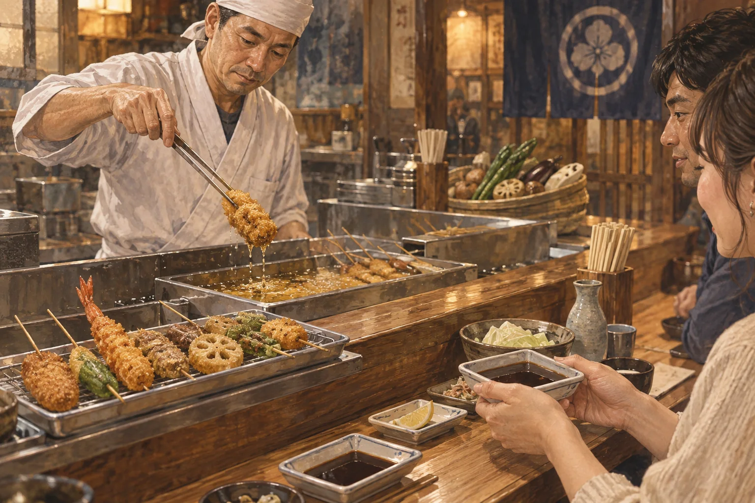 大阪風の店で揚げたての串カツを出す料理人