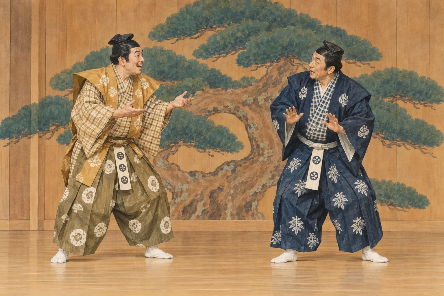 檜舞台で向かい合い、表情豊かに演じる二人の狂言役者