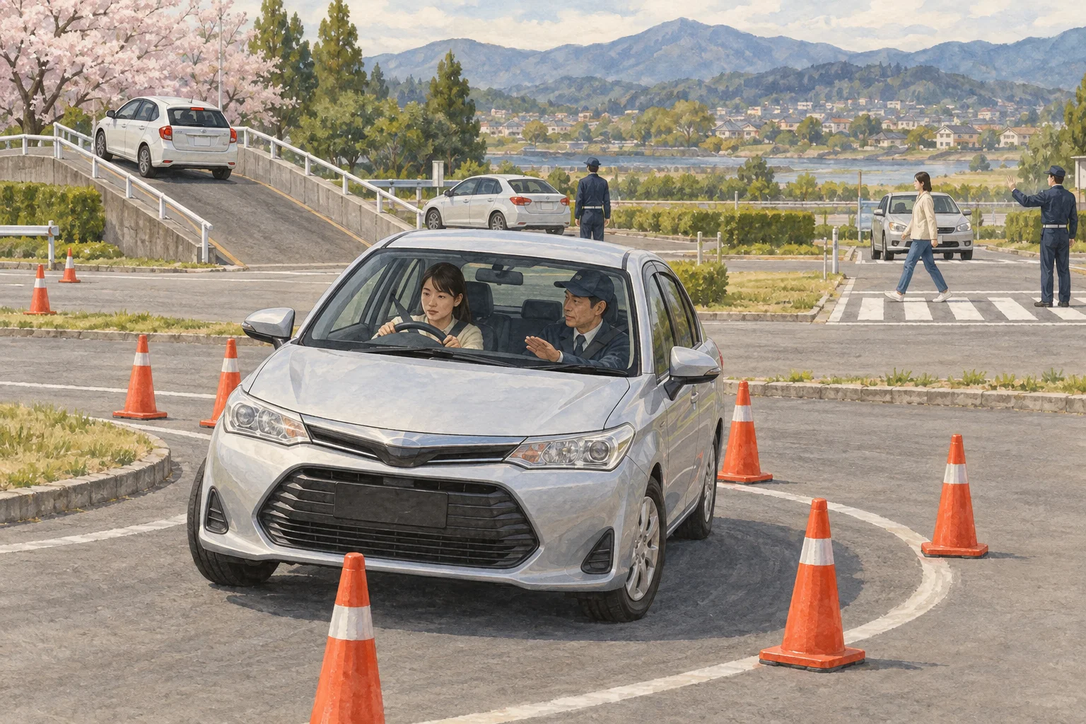 自動車教習所のコースで安全運転を学ぶ教習生