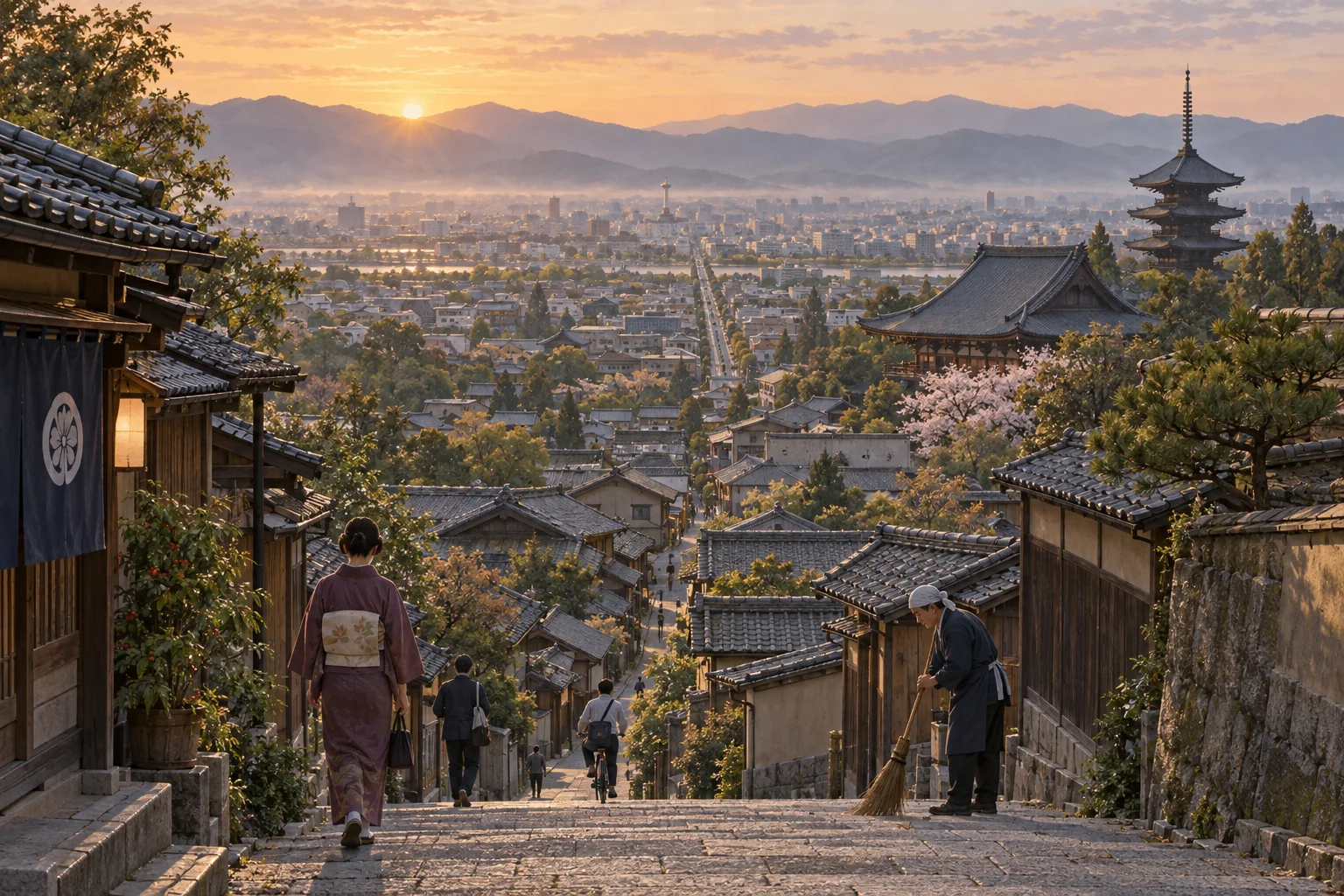山に囲まれた京都盆地の朝の町並み