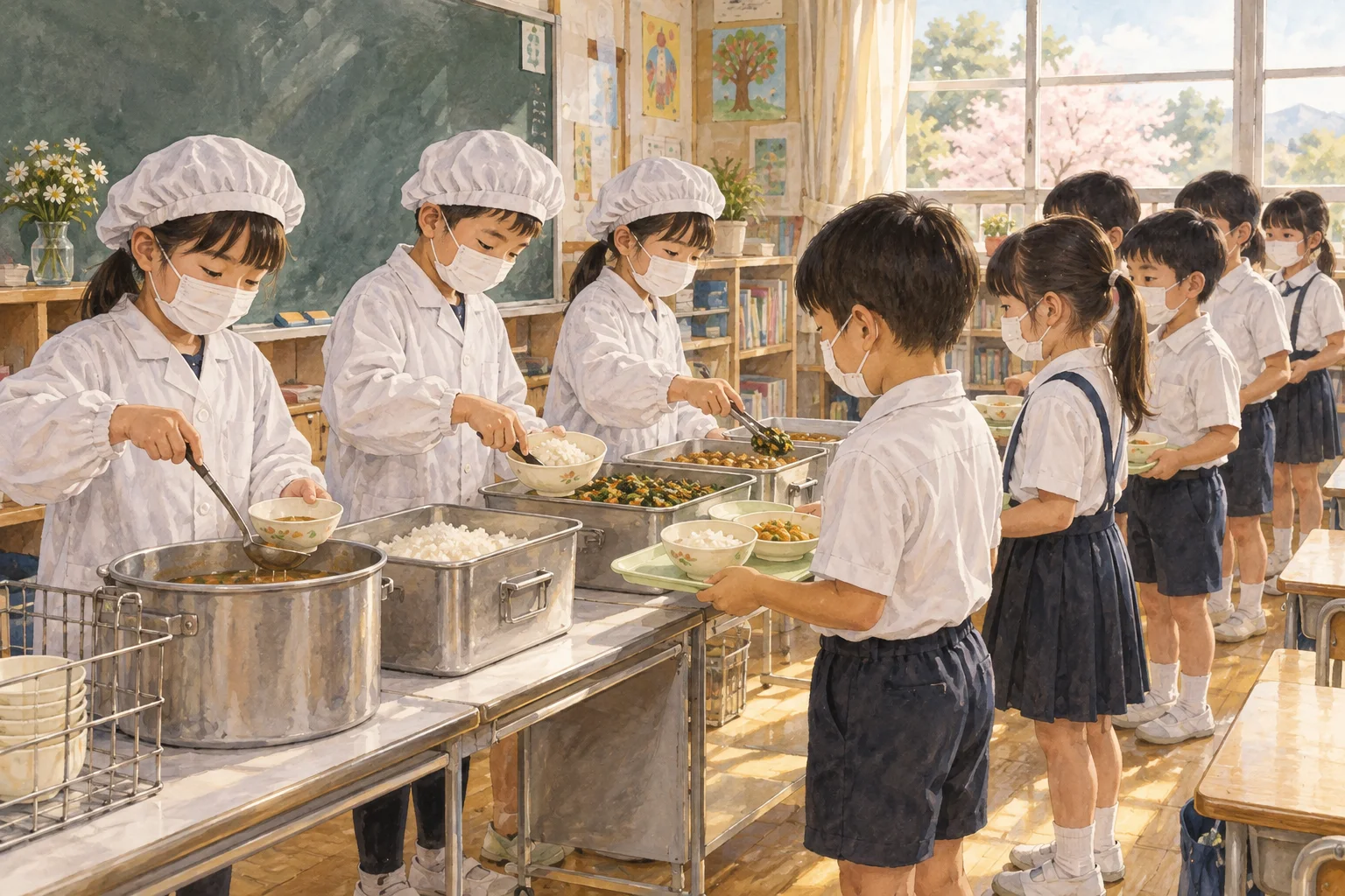白衣と帽子を着けて教室で給食を配る給食当番
