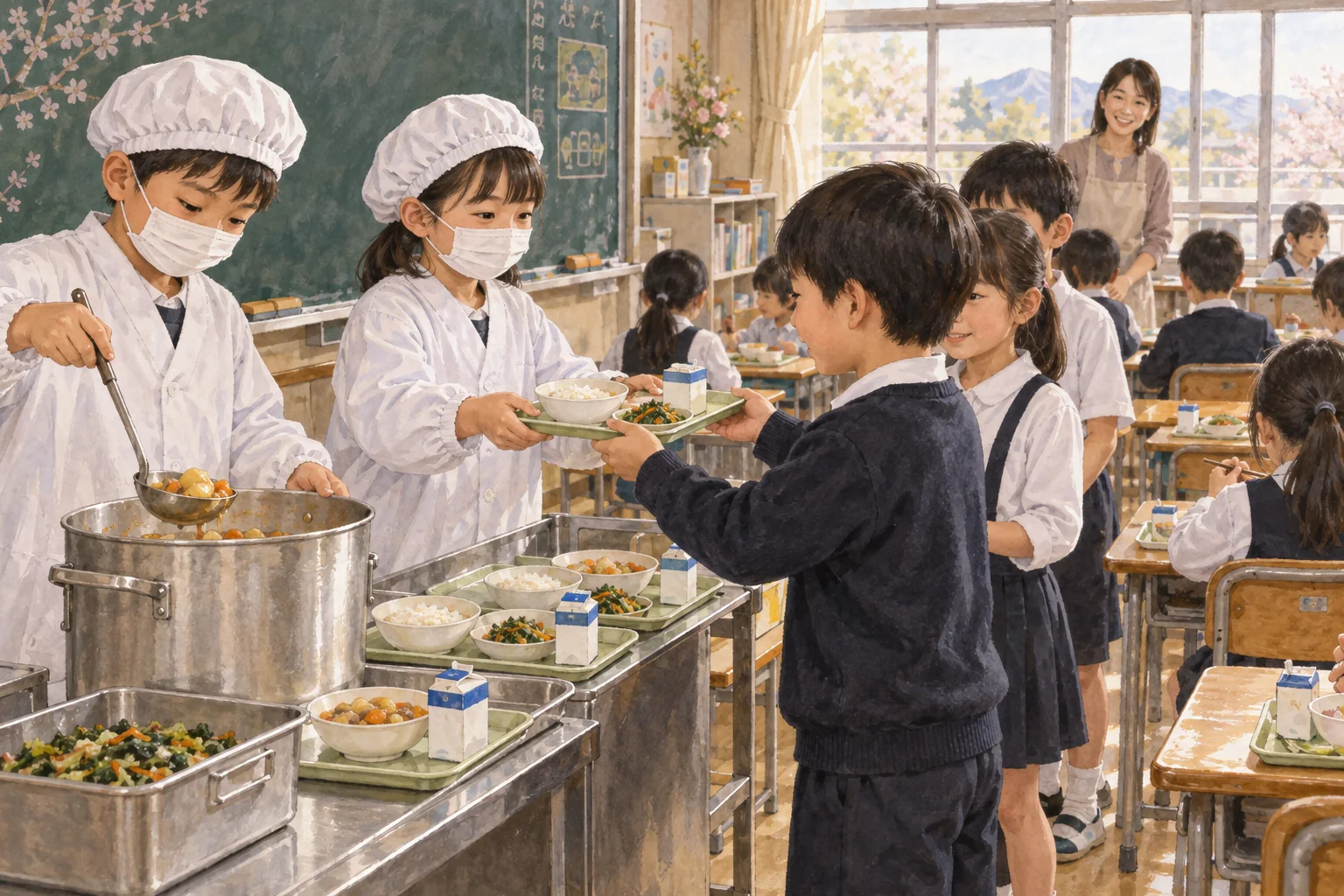 教室で給食を配膳する子どもたち