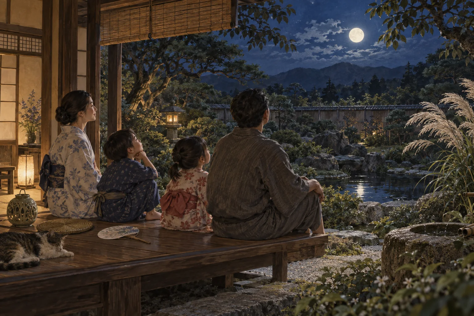 夏の夜に縁側で虫の声を聴く家族