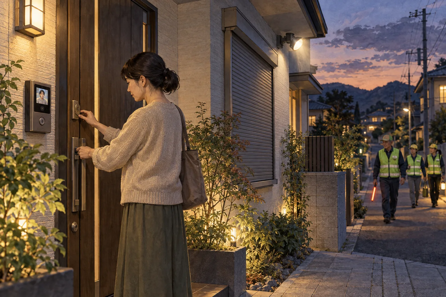 玄関の鍵や防犯設備を確認する住人