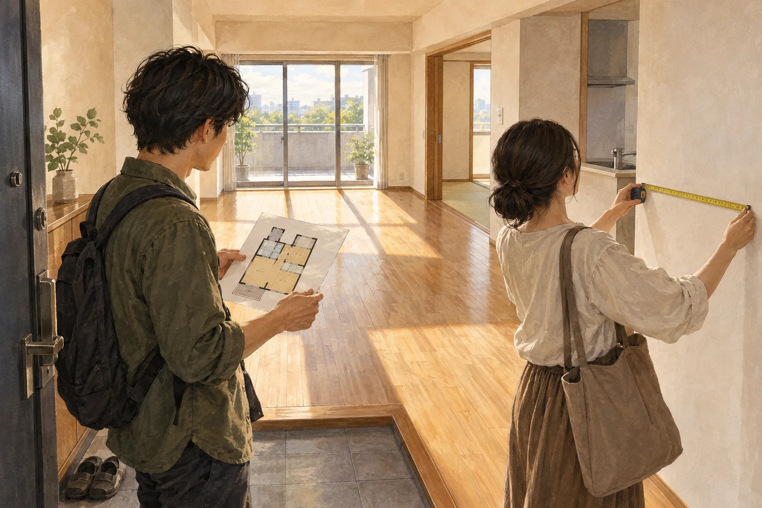 間取り図と実際の部屋を見比べる内見客
