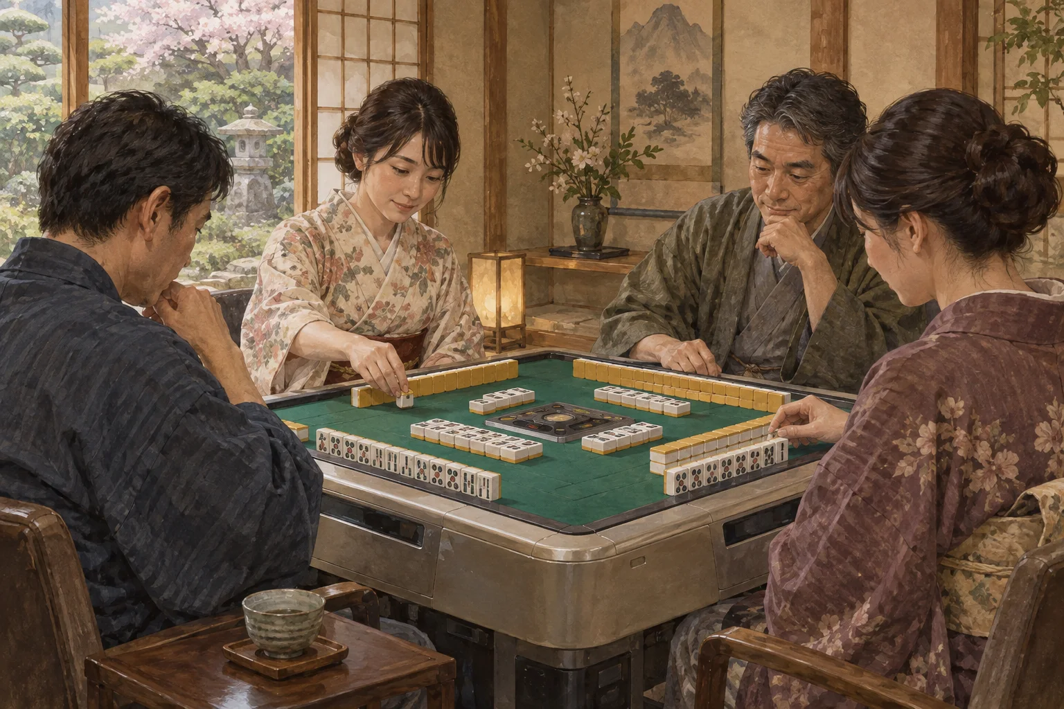 全自動卓で麻雀を楽しむ四人の大人
