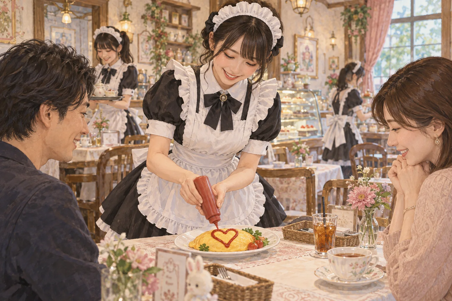 メイド喫茶で演出を交えてオムライスを提供する店員