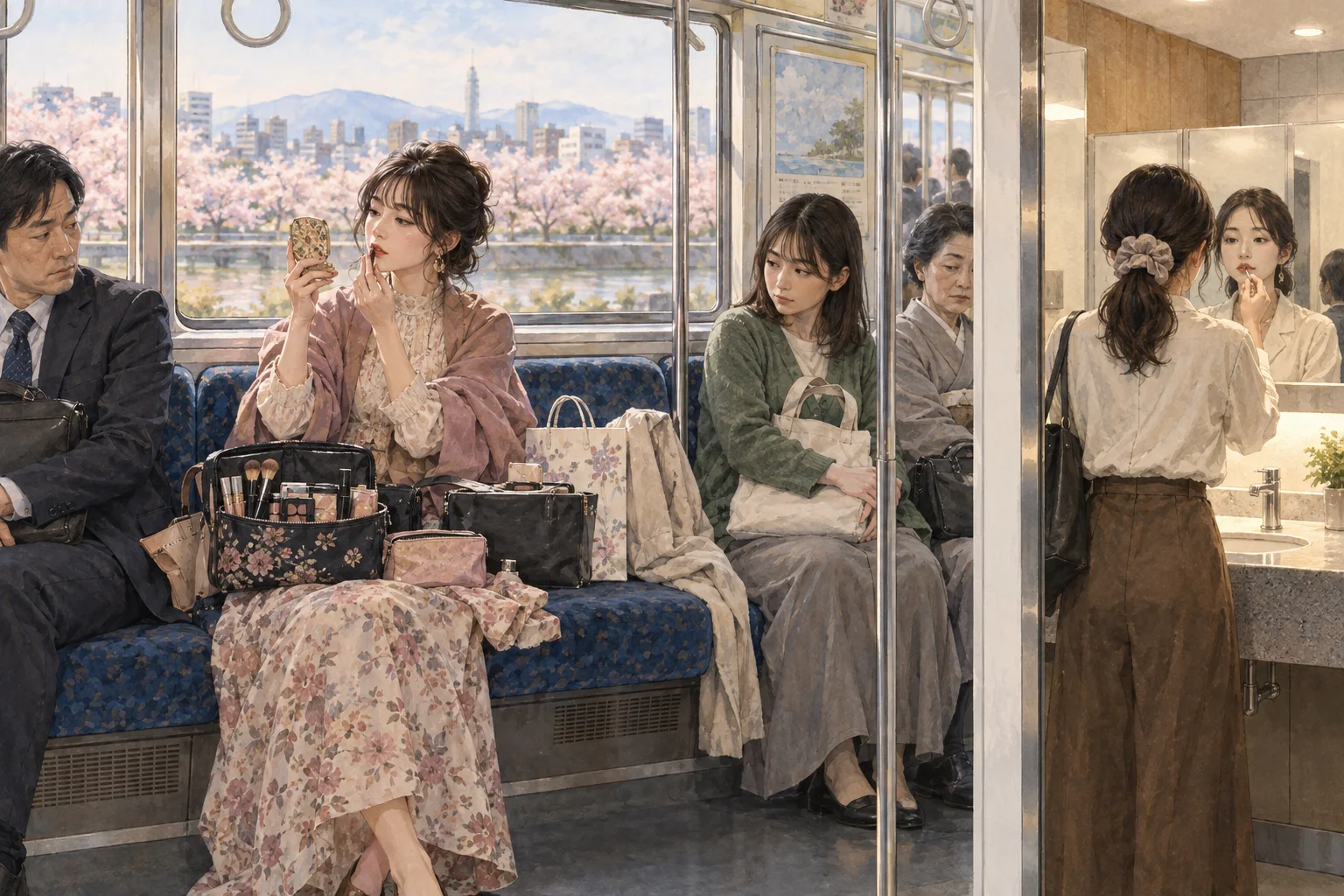 車内での化粧と化粧室での身だしなみを対比する場面