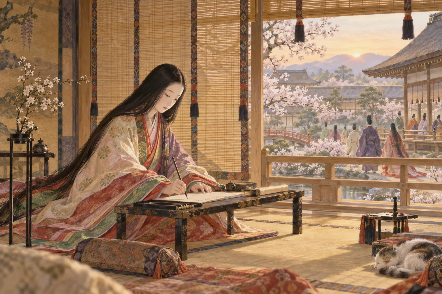 御簾のそばで筆を執る平安時代の女房