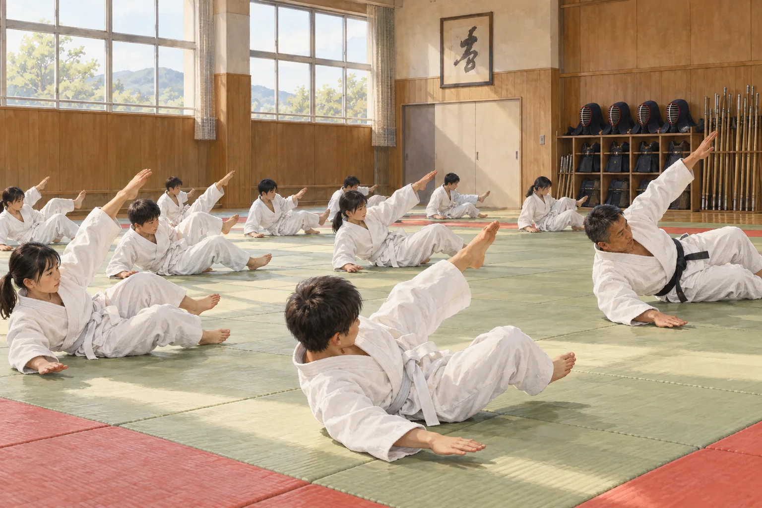 中学校の体育で安全に柔道を学ぶ生徒たち