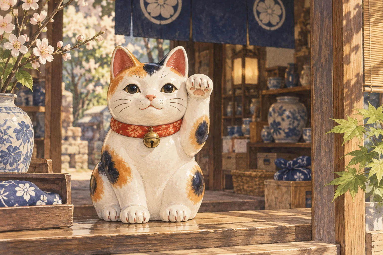 店先に置かれた、赤い首輪と鈴を付けて片方の前足を上げた三毛の招き猫