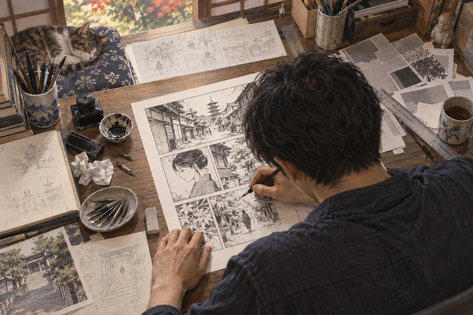 オリジナル漫画の原稿にペンを入れる漫画家
