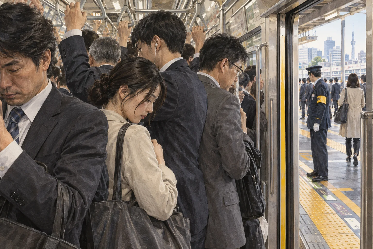 朝の満員電車でつり革につかまる通勤客