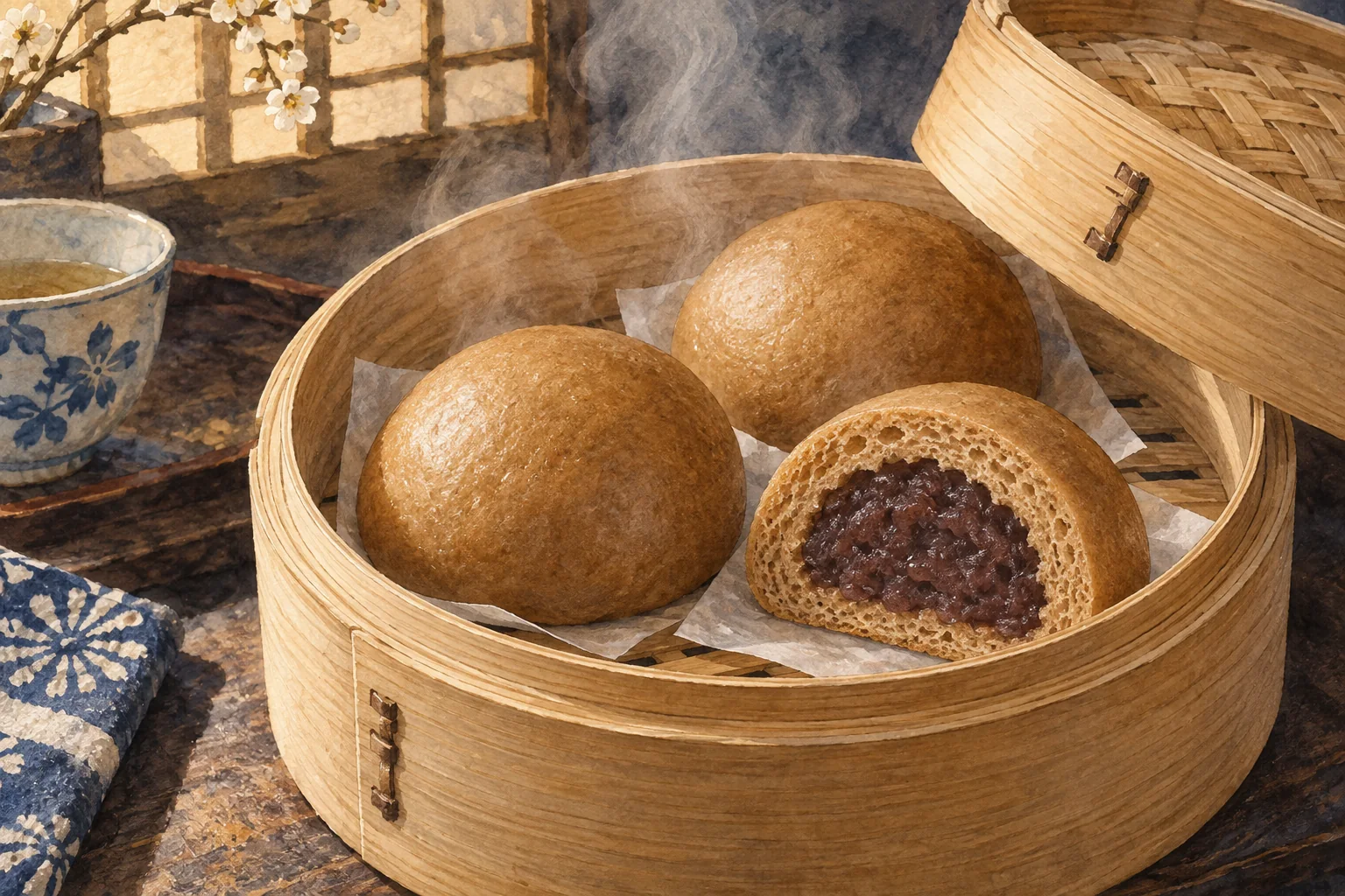 蒸し上がった饅頭と、薄茶色の皮と餡が見える断面
