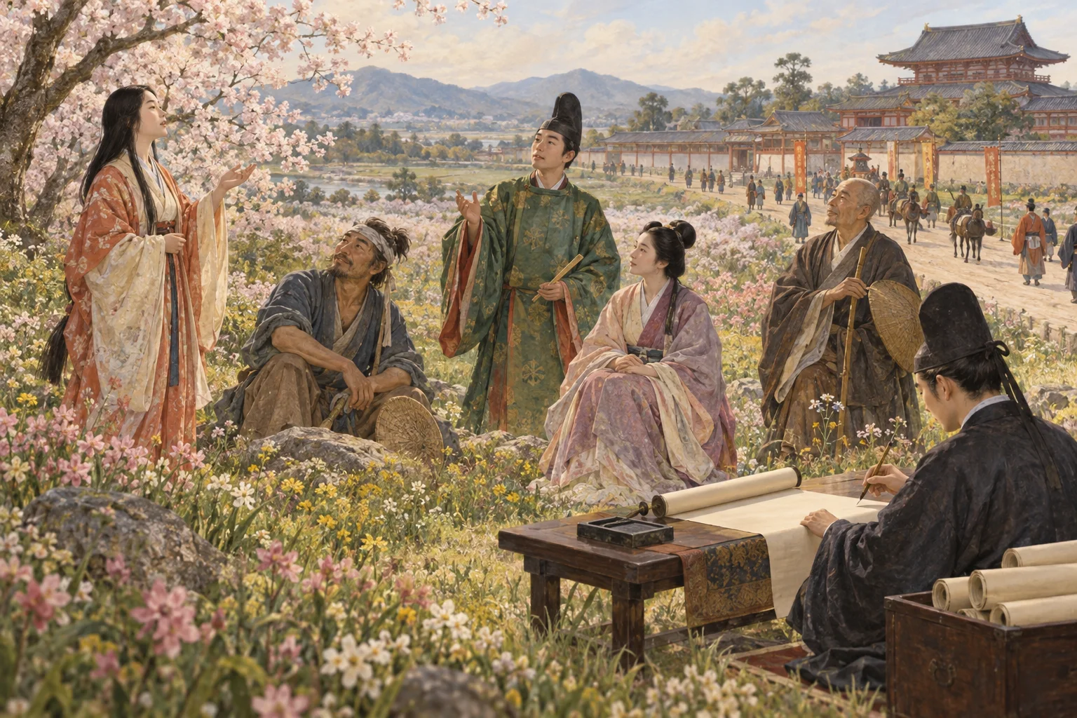 さまざまな人の歌を万葉集にまとめる古代の歌人と書記