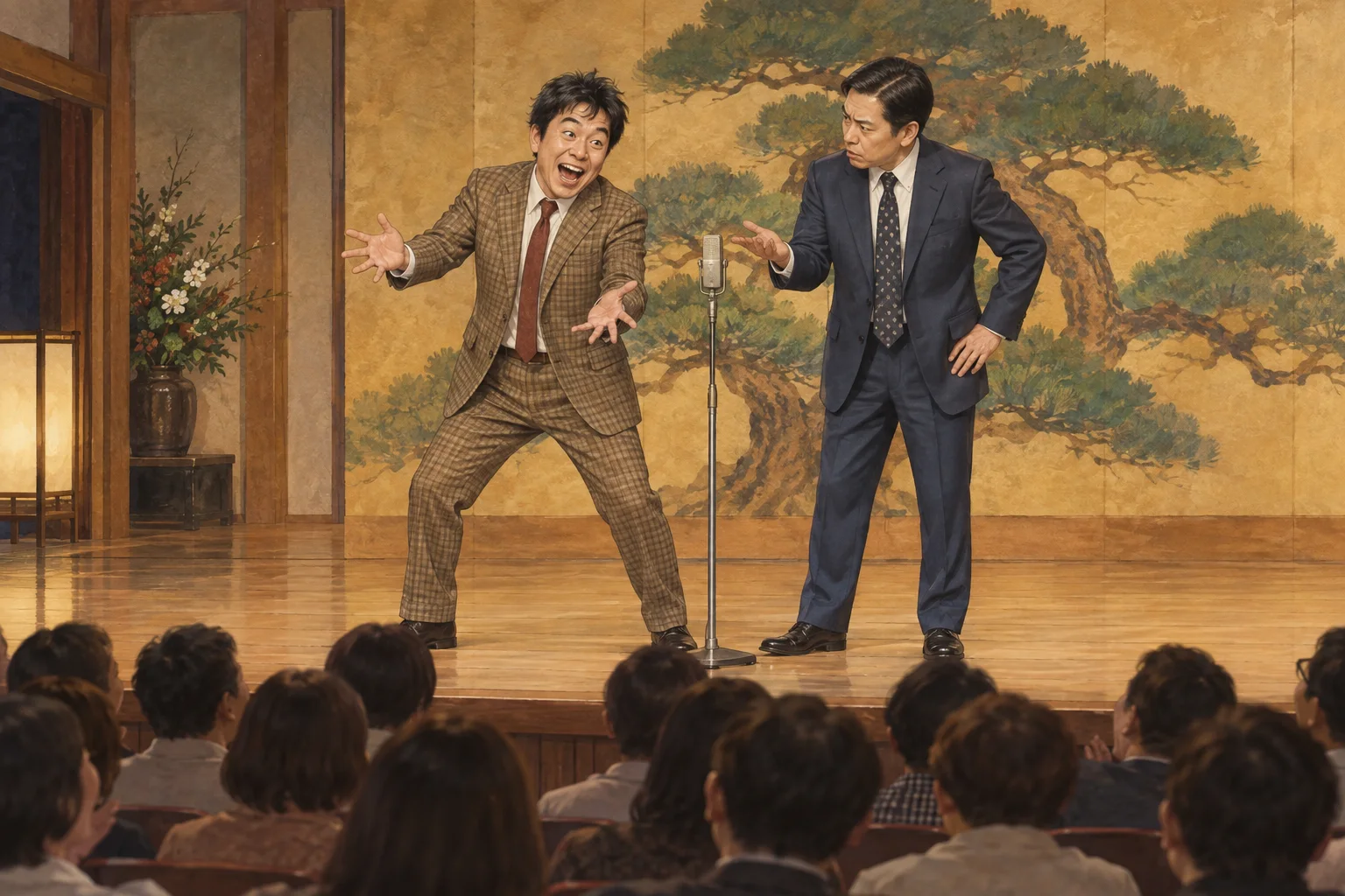 舞台で掛け合いを披露する漫才コンビ