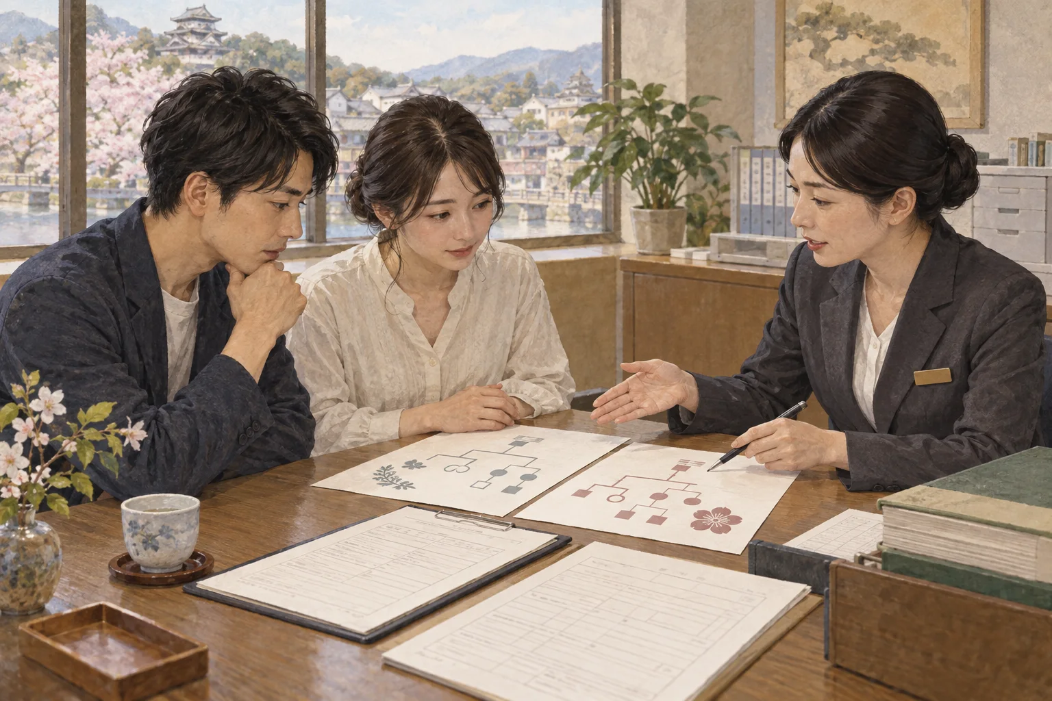 結婚後の姓について窓口で相談するカップル