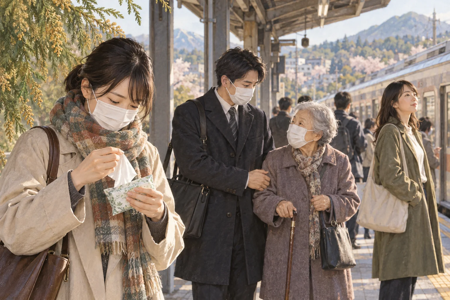 花粉の季節にそれぞれの判断でマスクを使う通勤客