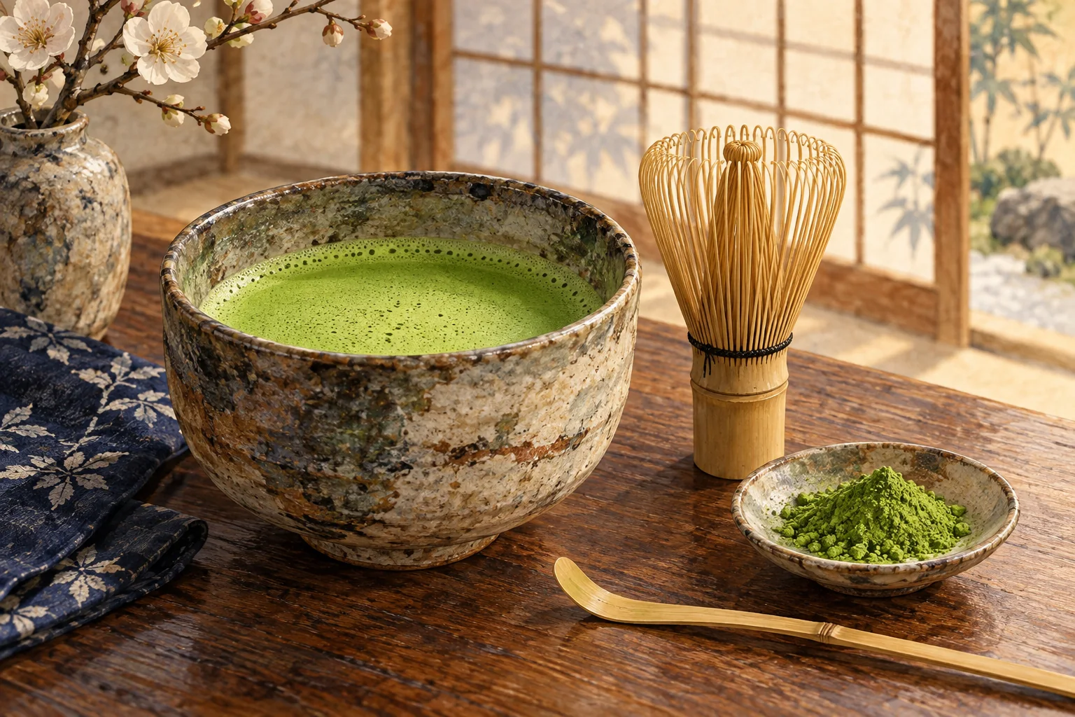 抹茶を入れた茶碗と、茶筅、抹茶の粉