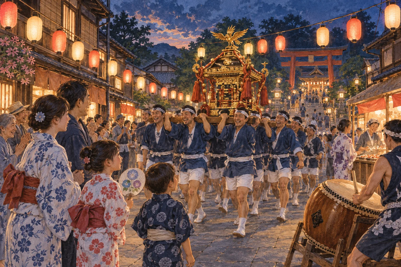 提灯が灯る町で神輿を担ぐ人々と、太鼓や屋台を楽しむ浴衣姿の家族