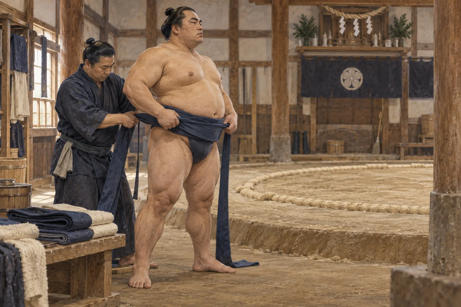 相撲部屋で稽古用のまわしを締める力士