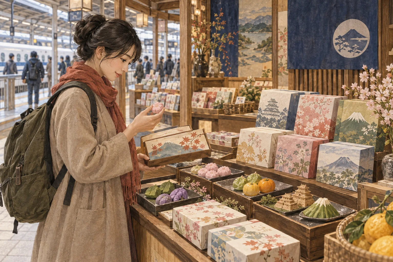駅の売店で土地の銘菓を選ぶ旅行者