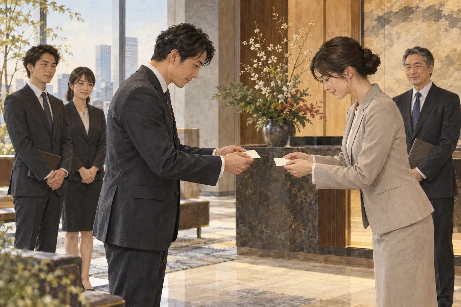 両手で丁寧に名刺を交換する会社員
