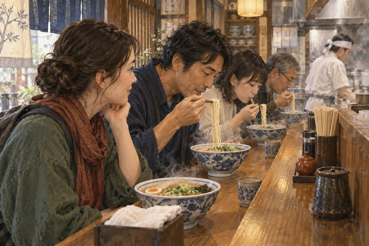 麺料理店で音を立てて麺をすする客たち