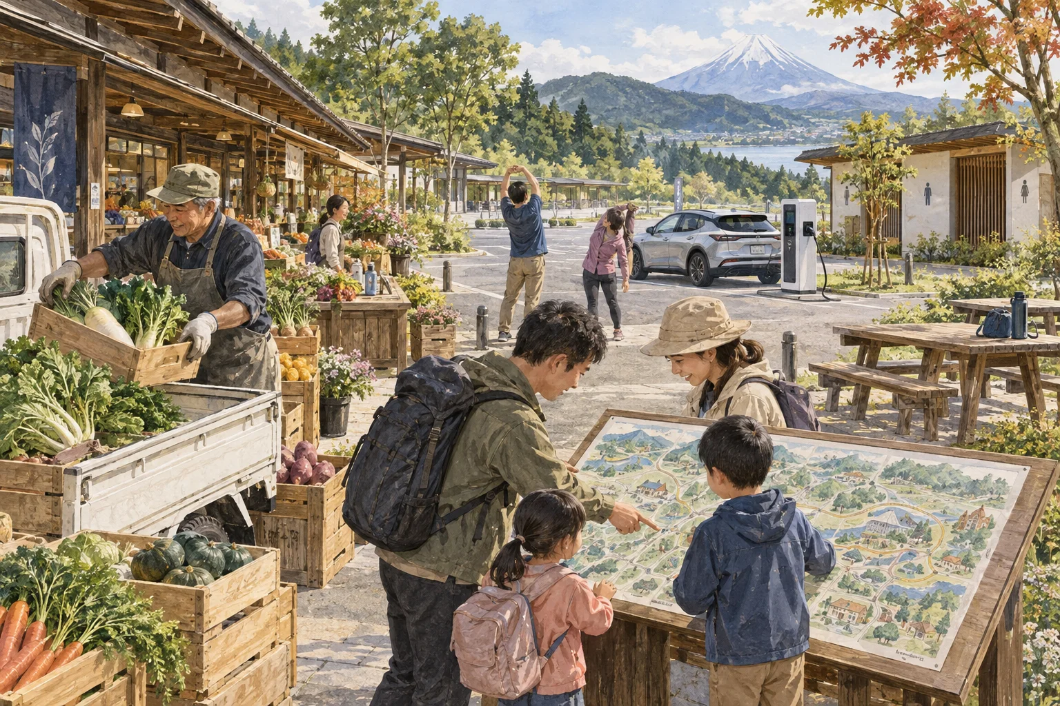 道の駅で地元野菜を並べる農家と休憩する旅行者