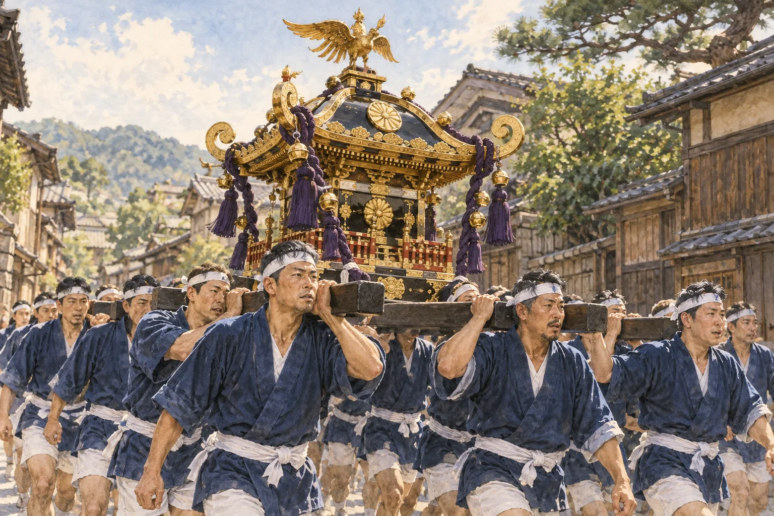 担ぎ棒を肩に載せ、神輿を運ぶ祭りの担ぎ手たち