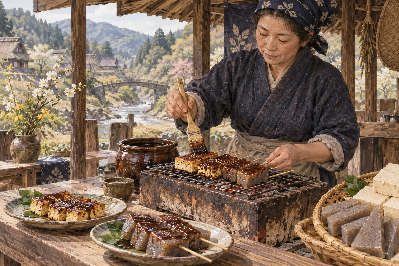 炭火のそばで豆腐とこんにゃくの味噌田楽を作る料理人