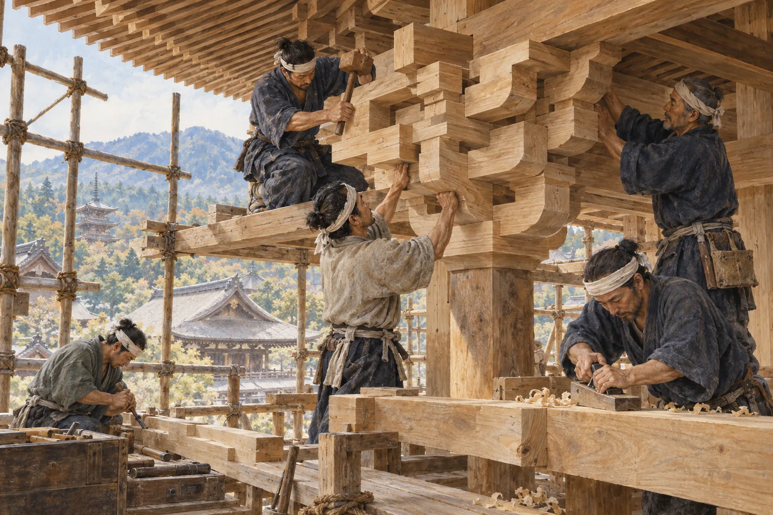 木組みで寺院の軒を組み上げる宮大工