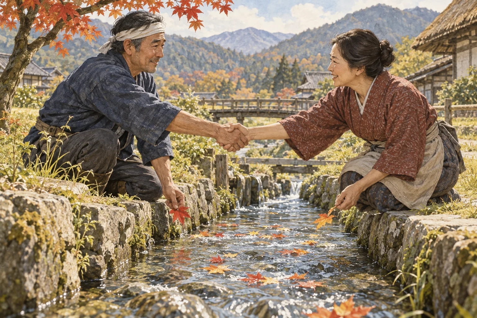 水辺で過去のわだかまりを水に流す隣人たち