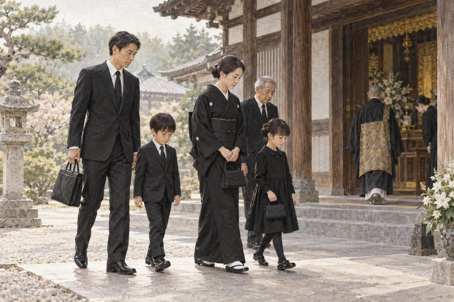黒い喪服で法要に参列する家族