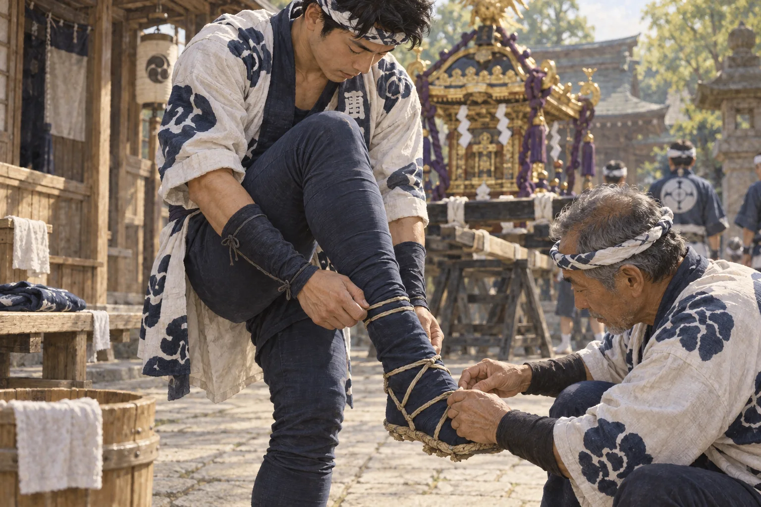 股引・手甲・脚絆を身につける祭りの担ぎ手