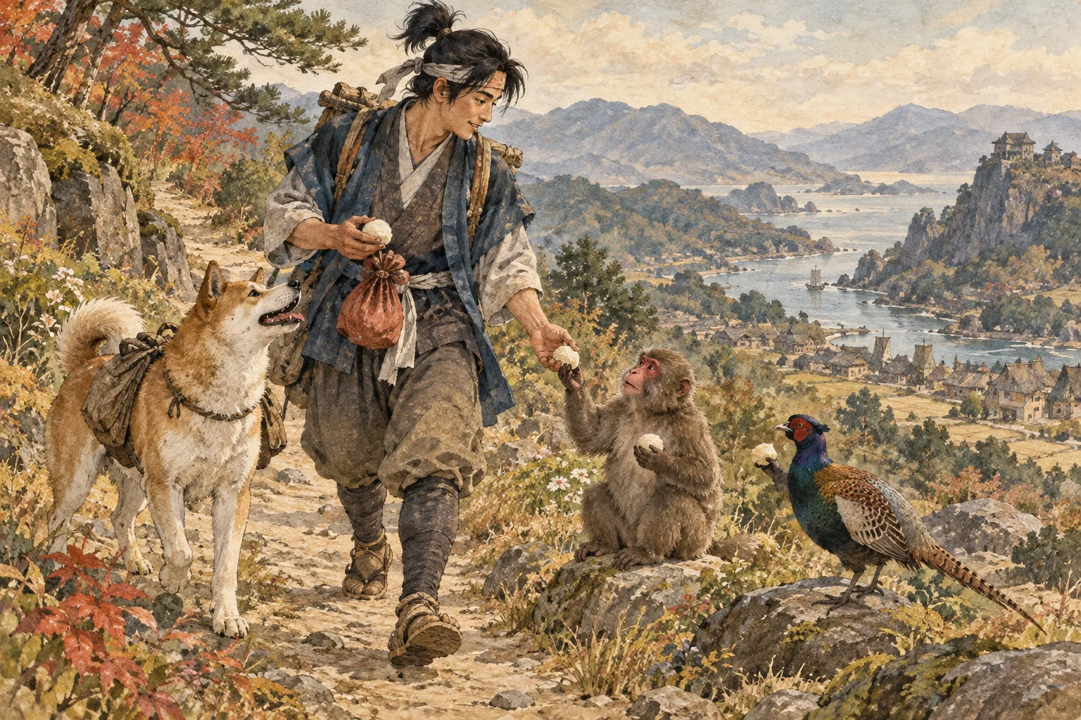 犬・猿・雉を連れて旅をする桃太郎